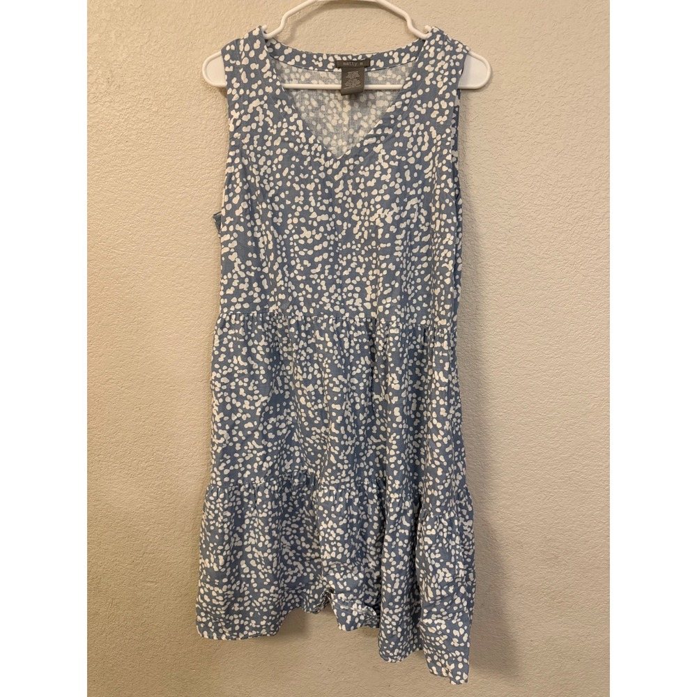 Matty M Blue White Dot Linen Blend Tiered Mini Dress V-Neck Pockets Large MD9210 - Picture 2 of 8